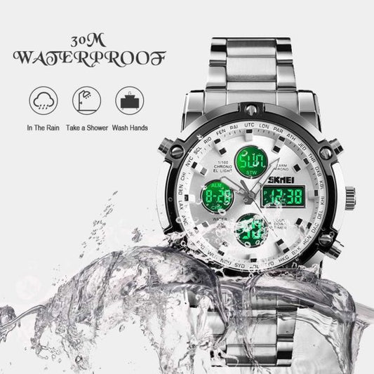 Skemie 1389 Men’s Digital Analog Watch Waterproof Digital Chronograph Led Multi-time Business Watch Stainless Steel