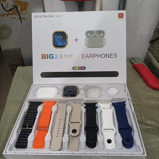 I20 Ultra Max Suit (10-in-1 Set) – Smartwatch With 7 Plain Color Straps And Airpods – Complete Combo For Men And Women